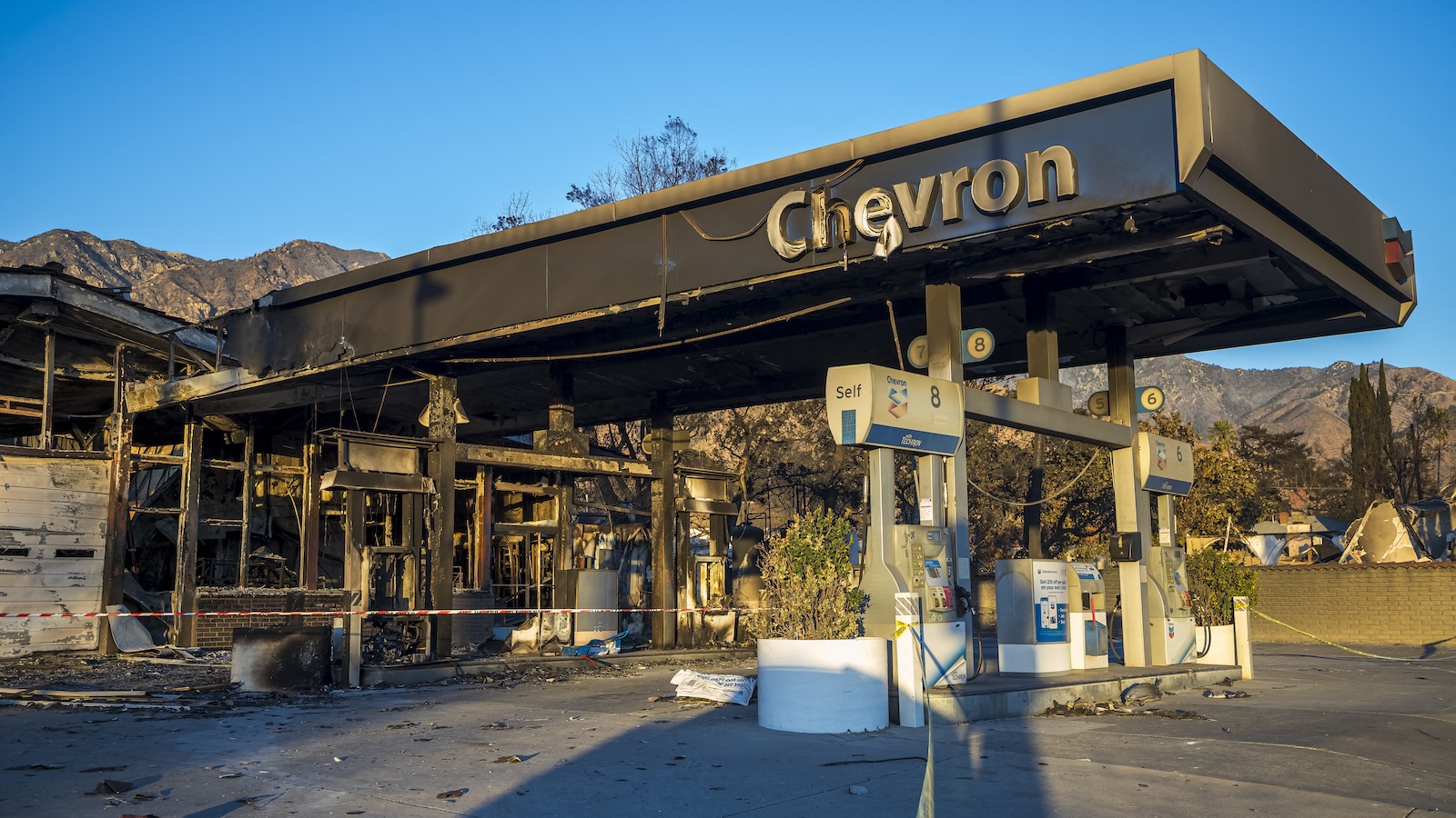 Chevron gas station after fire swept through it.