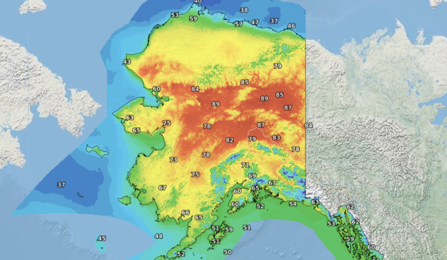 Forecasted temperatures for June 16 in Alaska.